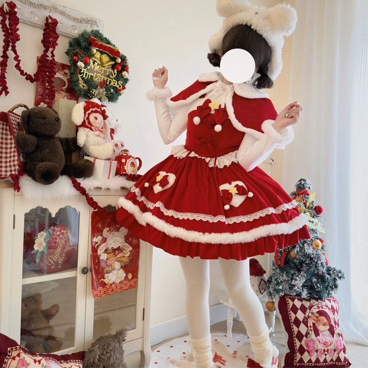 Hanguliang~Christmas Star Wish~Christmas Sweet Lolita JSK Winter Jumper Dress S Wine red JSK + cape 