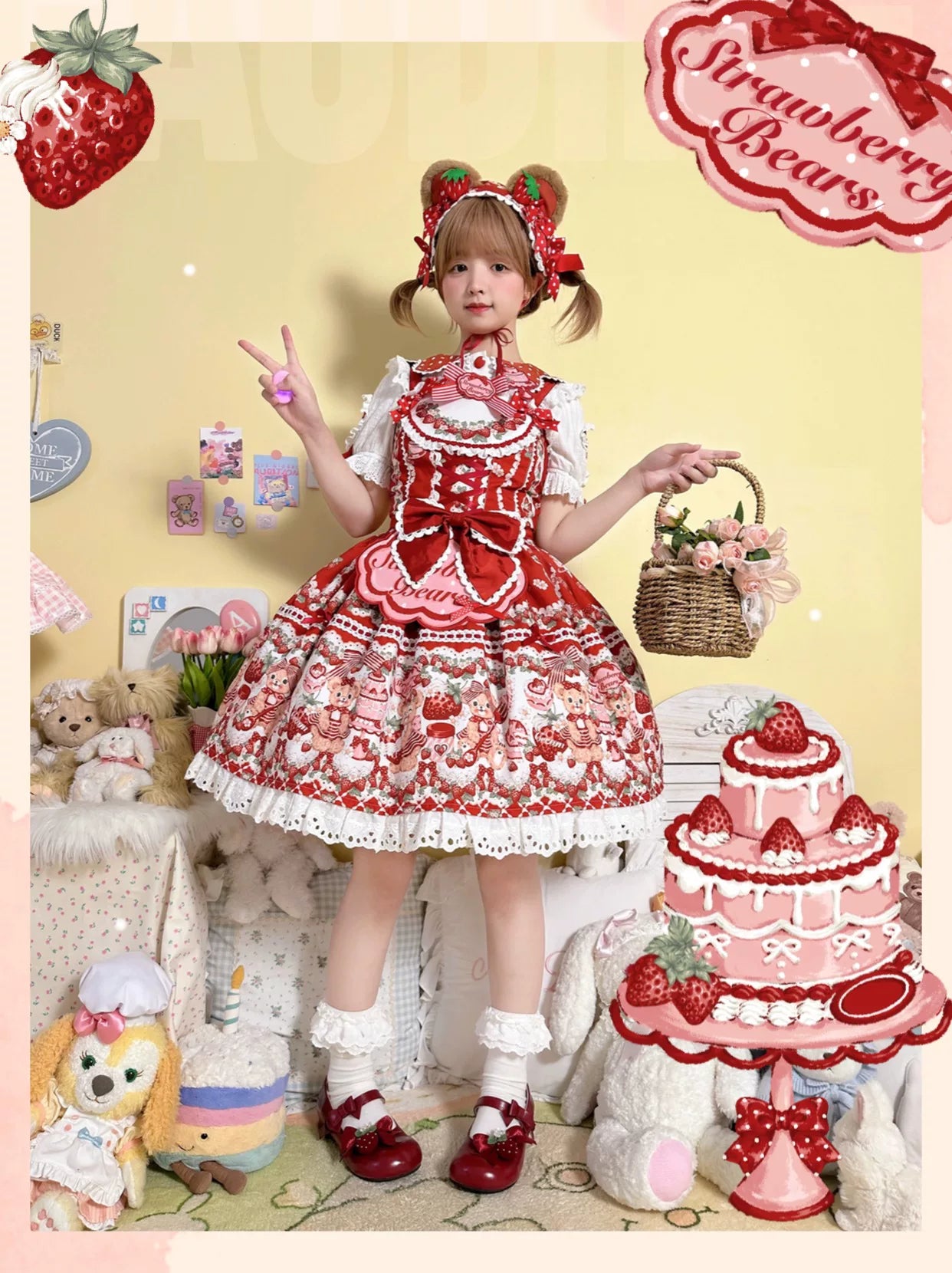 Strawberry and Bear - Printed Sweet Lolita JSK Dress, Heart Shaped Collar Shirt Red JSK + Short Sleeve Shirt + Hairband S