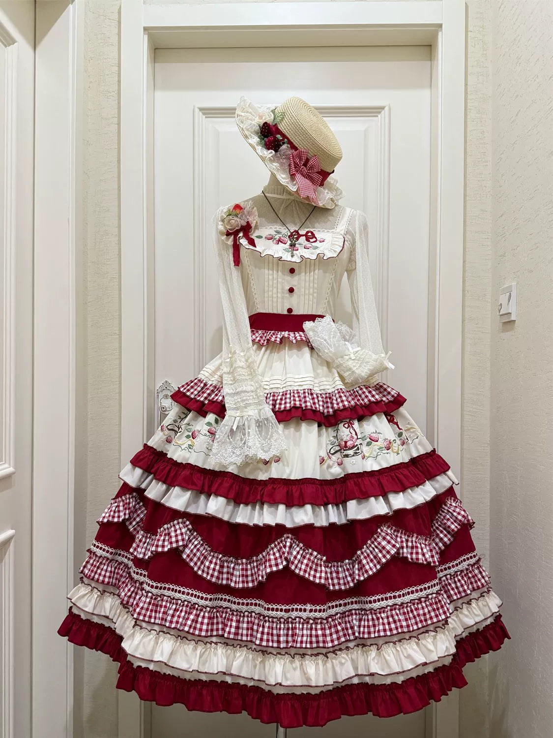 Hanguliang - Strawberry Basket - Country Lolita JSK Dress, Strawberry Embroidery (L M S) 44283:802176