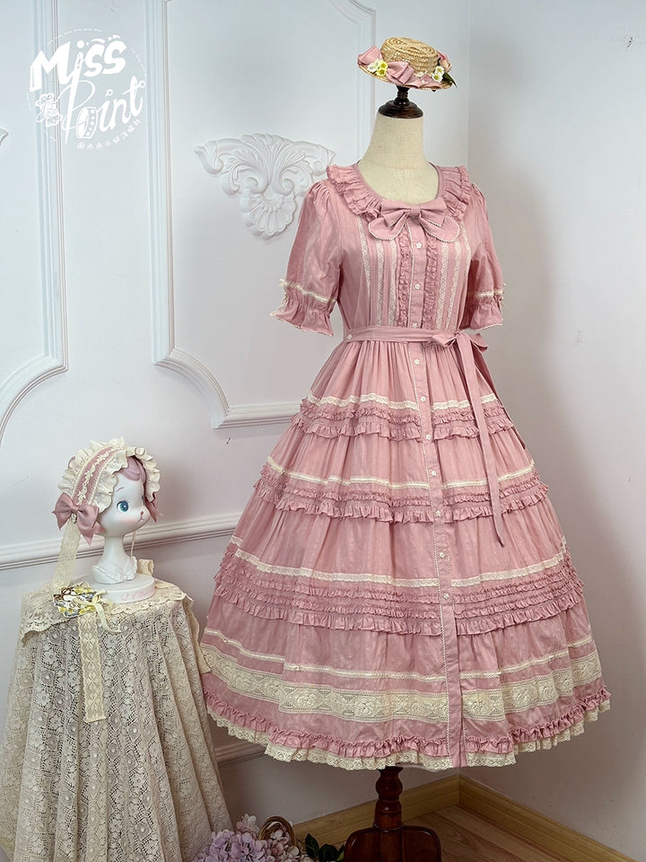 Miss Point~Cat Rose Tea~Elegant Lolita OP Open-front Short Sleeve Tiered Dress 42135:727838