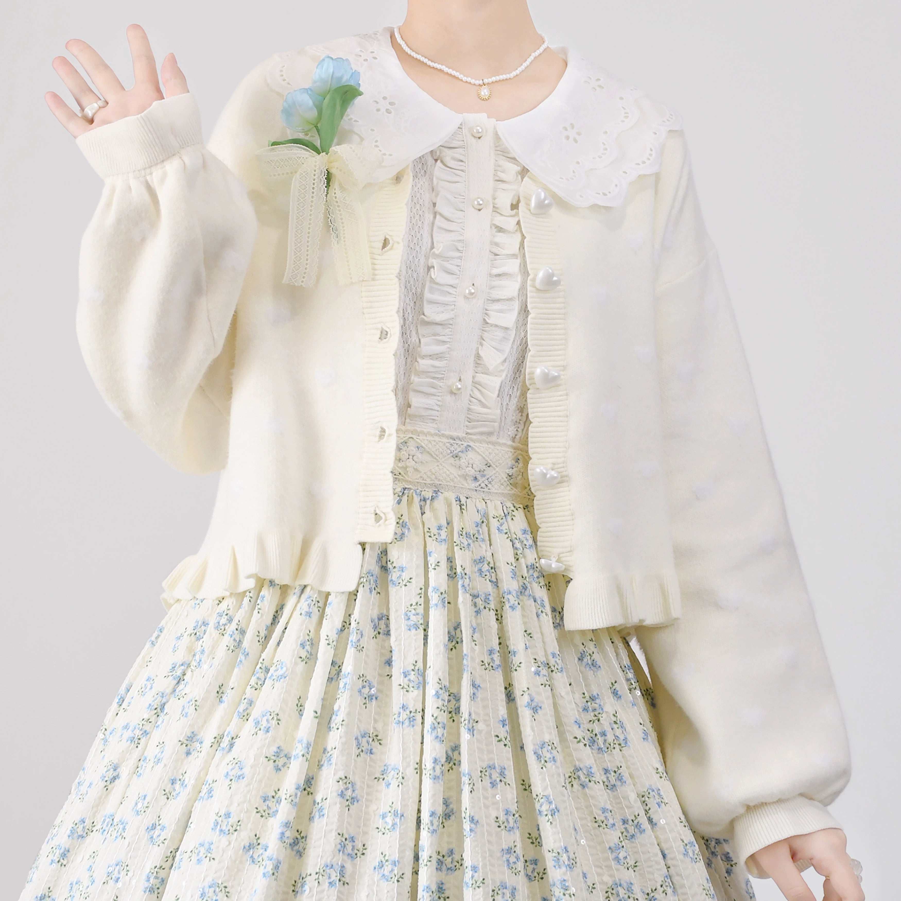 MIST - Little Heart - Sweet Lolita Thick Cardigan, Sweater Coat S Off-white