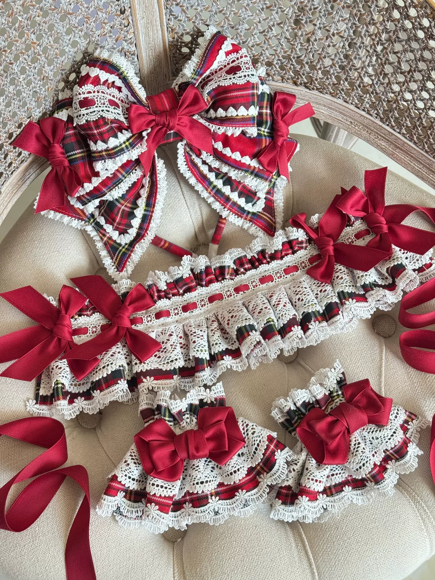 Red Plaid Lolita Headdress, Wire-edged Bunny Ear BNT 45826:864065