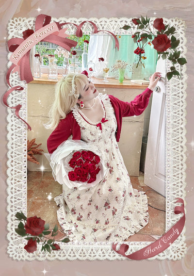 Yingtang~Plus Size Lolita Cardigan Set Elegant French Rose Print Dress 31448:375776