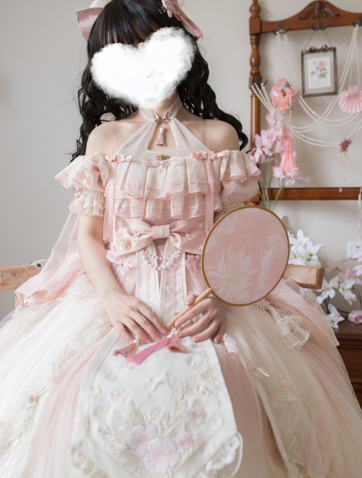 Unicorn Wings~Quetao~Pink Lolita Chinese Style Dress Outfit Halter Collar OP