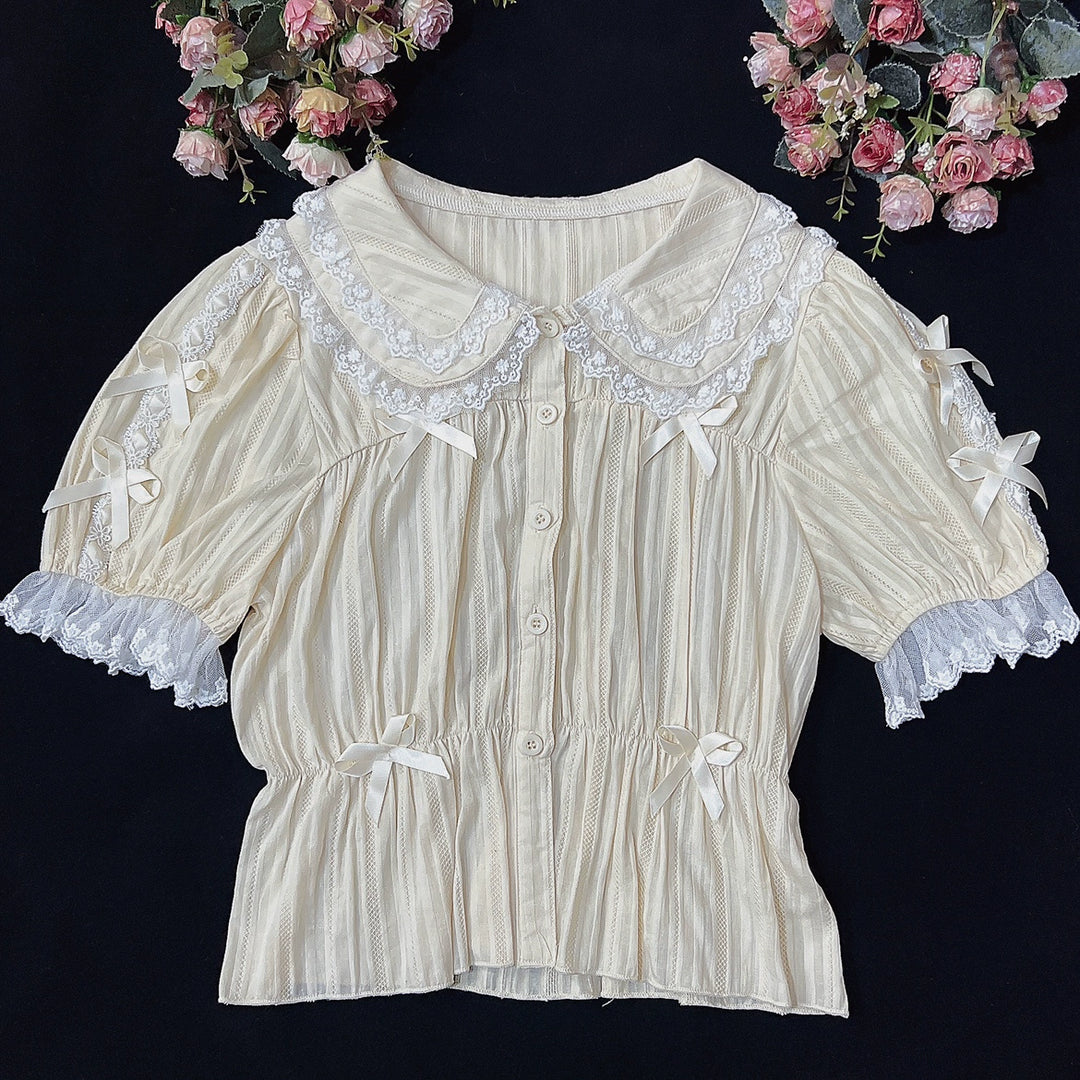 DMFS Lolita~Sweet Lolita Shirt Doll Collar Blouse High-waisted S Beige short sleeve 