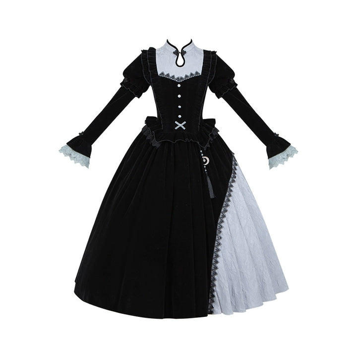 With Puji~Innocent Talk~Halloween Chinese Style Lolita OP Black-silver Gray Dress   