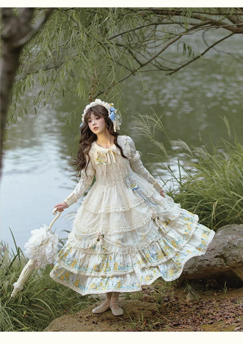 Flower Rabbit Bear - Country Lolita Tiered Skirt Dress, Floral & Bear Print