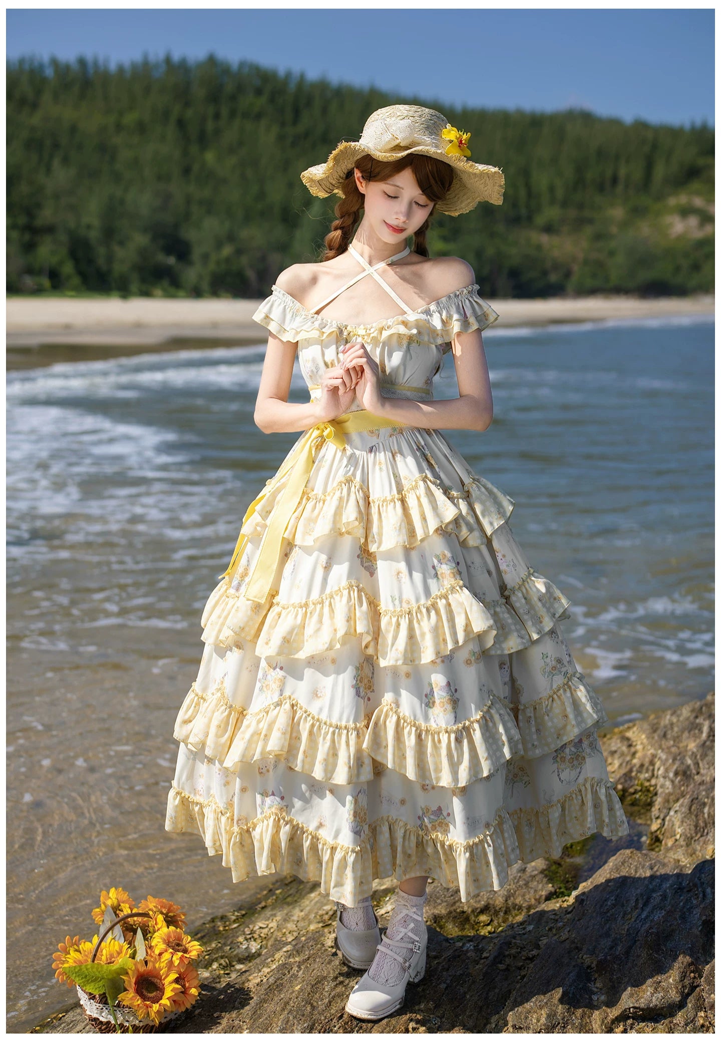 Small Sunflower - Classic Lolita Sunflower Printed JSK Dress, Tiered Hem 45740:860896