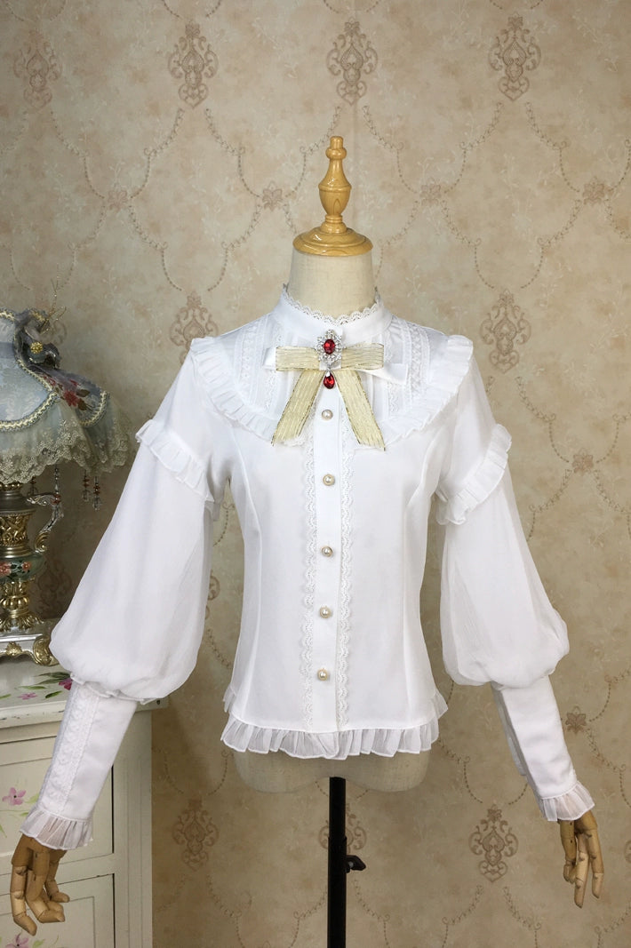 Princess Tailor Lolita - Mutton Sleeves Classic Lolita Thick Blouse S Single-lined Milk White Blouse With Brooch
