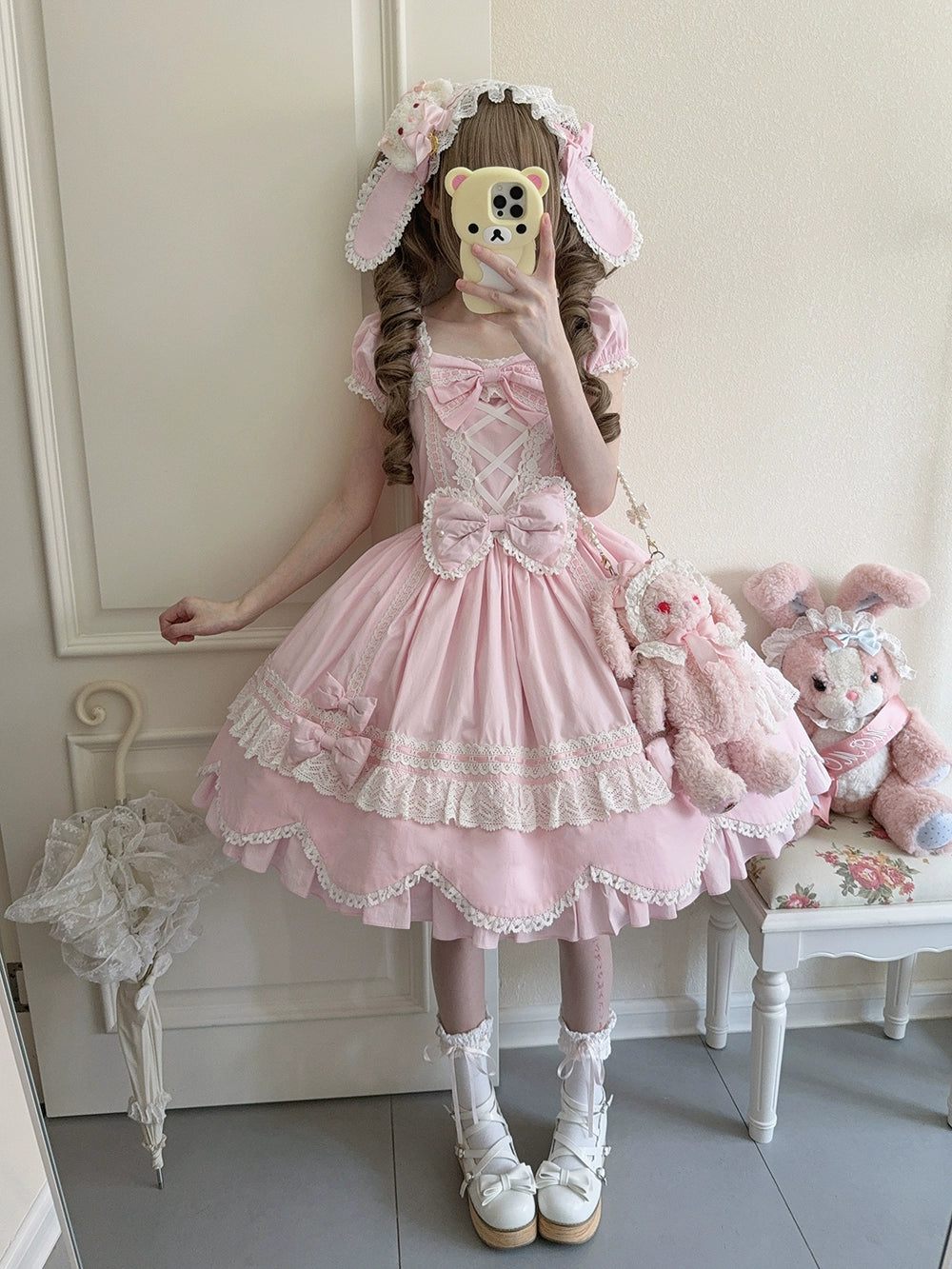 Miss Point - Vintage Petal Rabbit - Old School Lolita OP Cotton Dress With Petal-Shaped Hem 43135:768524