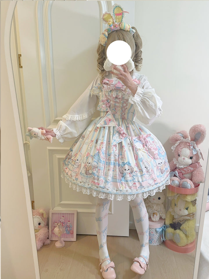 Hanguliang~Sweet Tea Party~Kawaii Lolita JSK Puppy Printed Dress with Sash Yellow JSK + Sash S