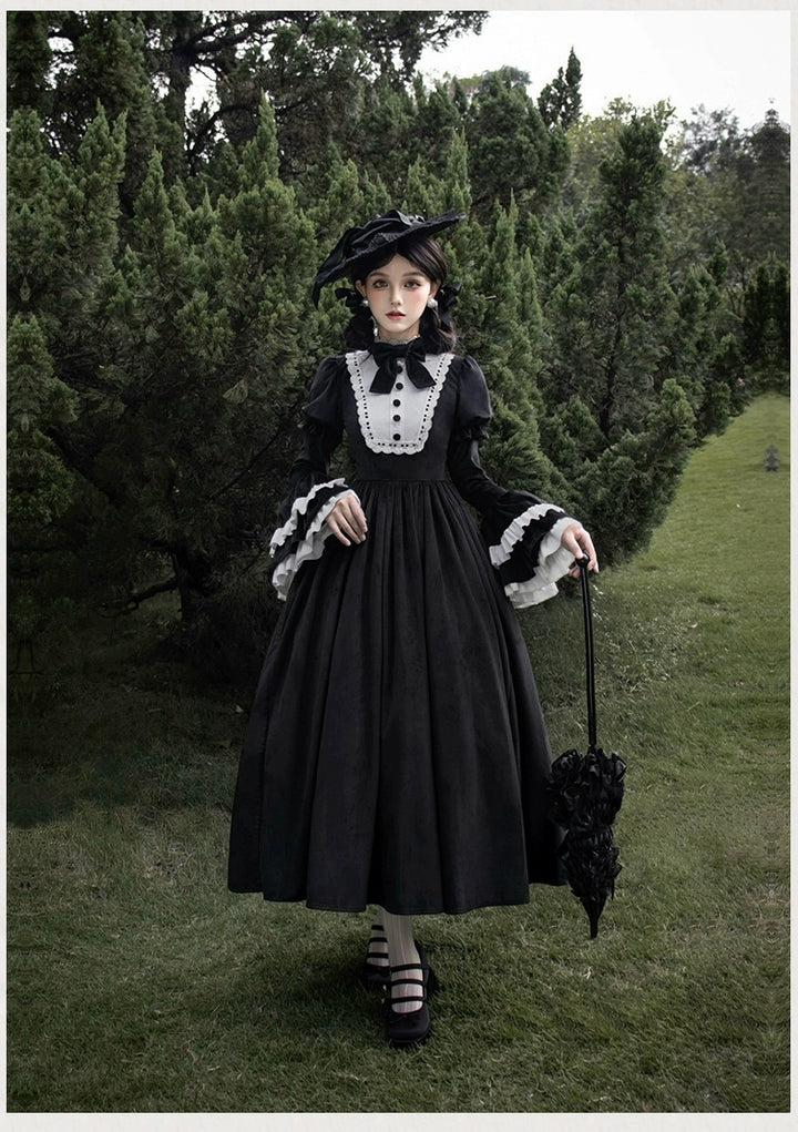 With PUJI~Sleepless Night~Classic Lolita Black OP Dress White Princess Sleeves   