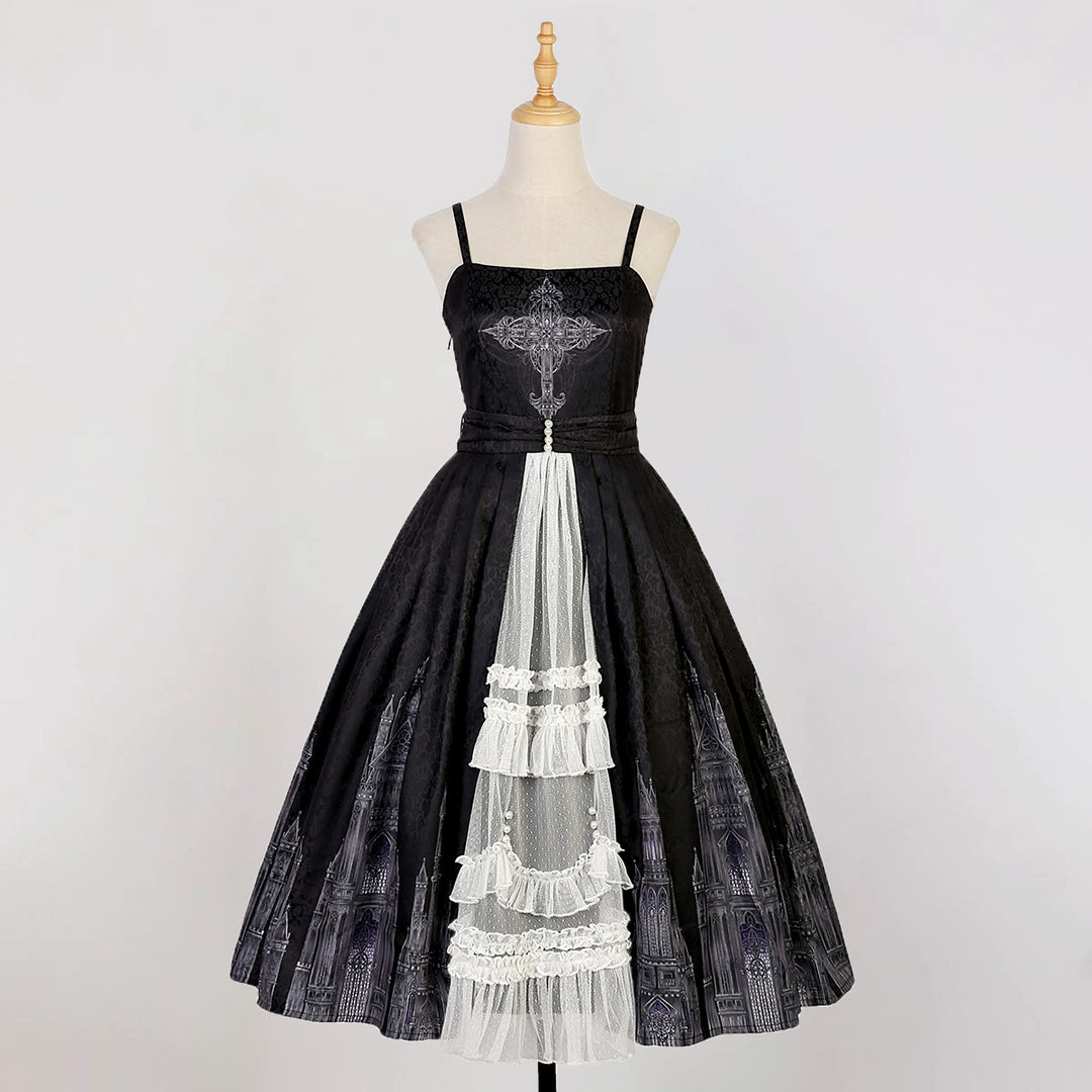 Cornfield Lolita~Silent Church~Gothic Lolita JSK Front Open Printed Dress and Thin Cardigan Set S black JSK dress 