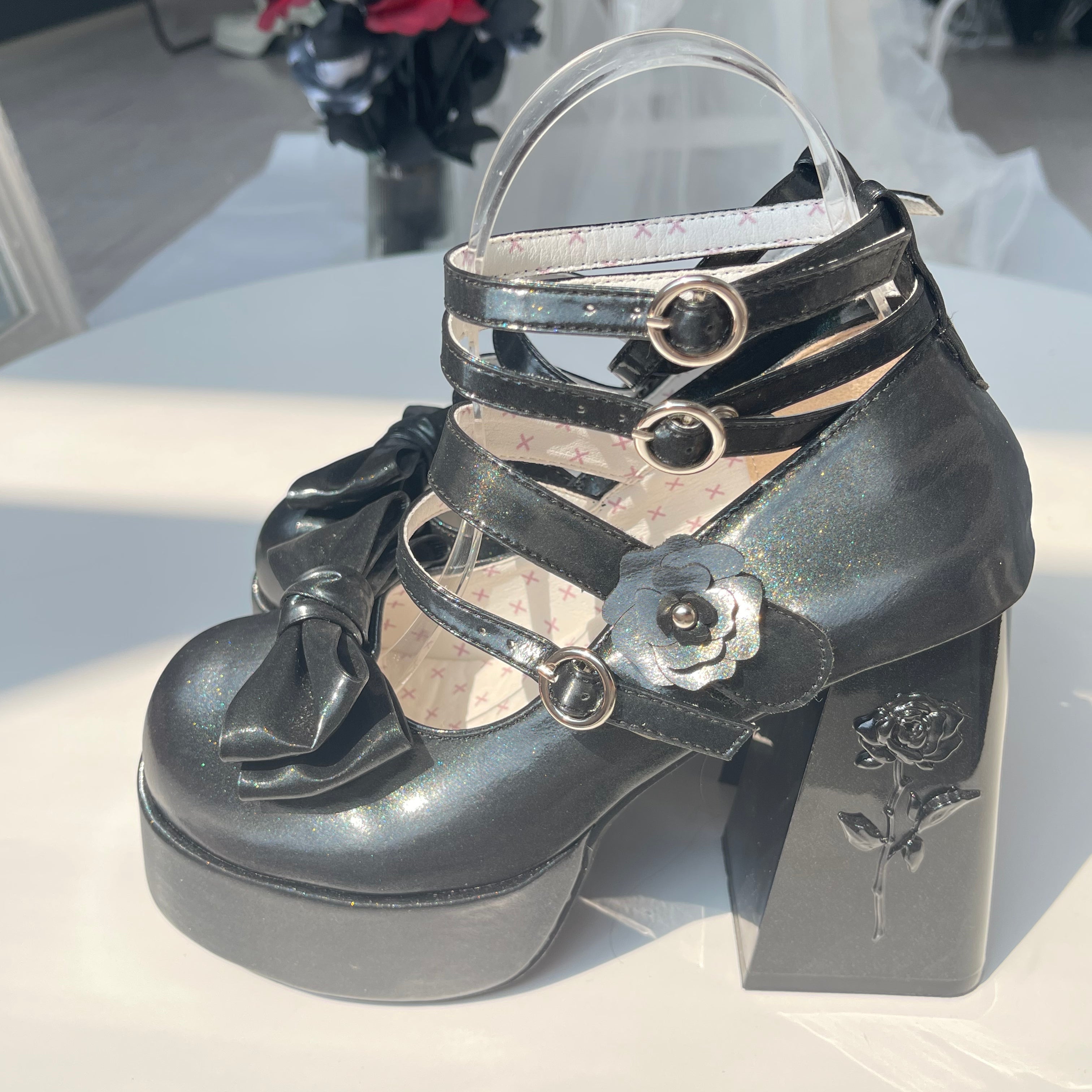 Dreamland - 11 cm Sweet Lolita Shoes with High Platform & Rose Print Heel Shiny Black 34