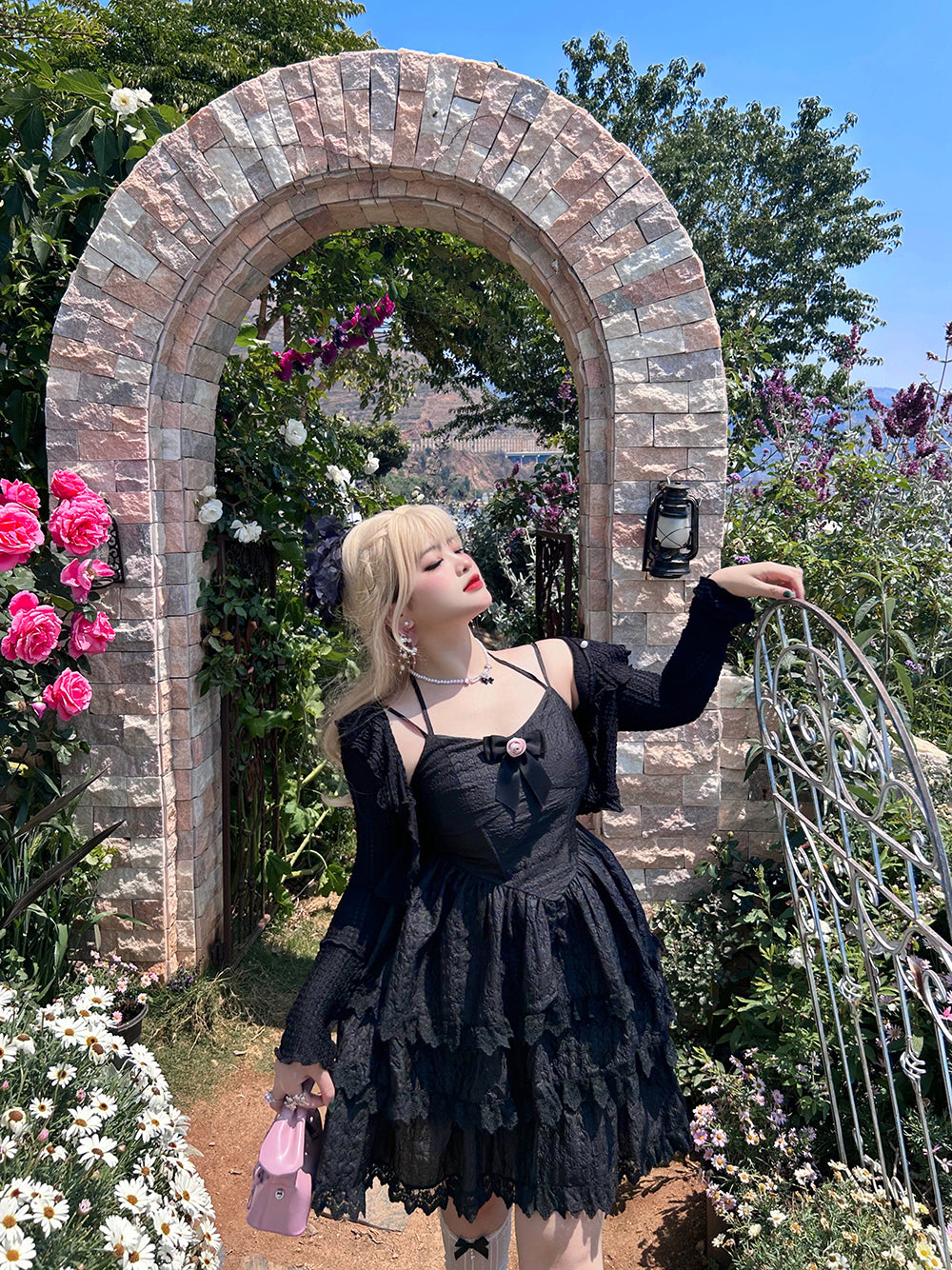 Yingtang~Rose of France~Sweet Lolita Plus Size Halter Puffy Dress Set XL black outer cardigan 