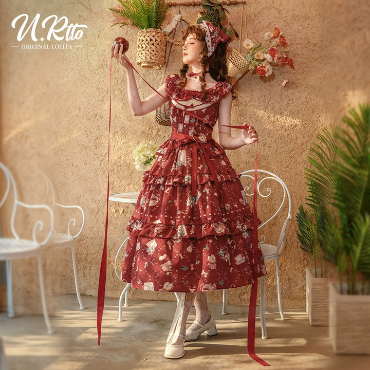Urtto~Apple Tea~Country Lolita Dress Elegant Floral Print JSK Dress S Long Skirt - Red 
