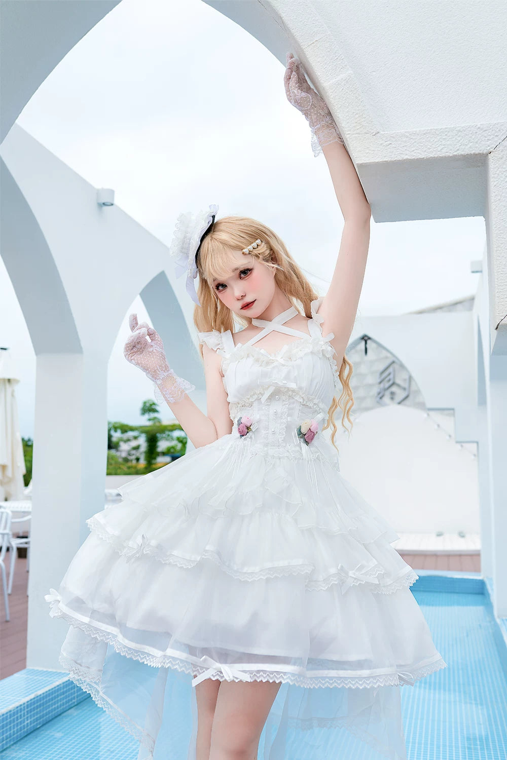 Ballet Maiden - Classic Lolita Four-tiered Hem JSK Dress with Rose Details White JSK Only S