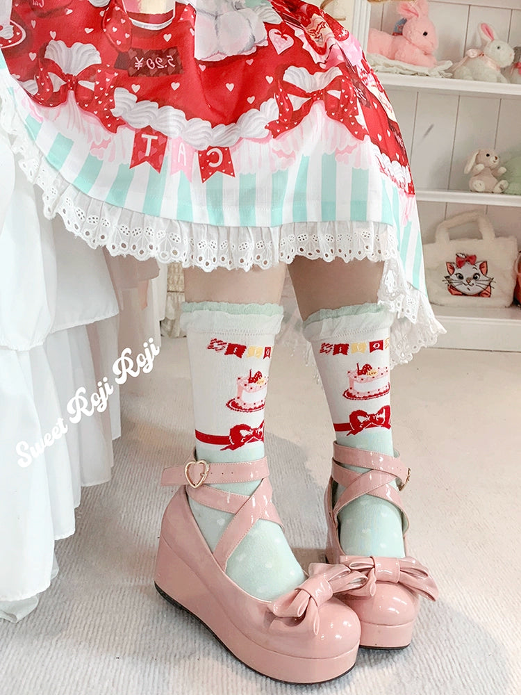 Roji Roji~Sweet Lolita Socks Cake Pattern Winter Socks Mint Green Socks Only Free Size