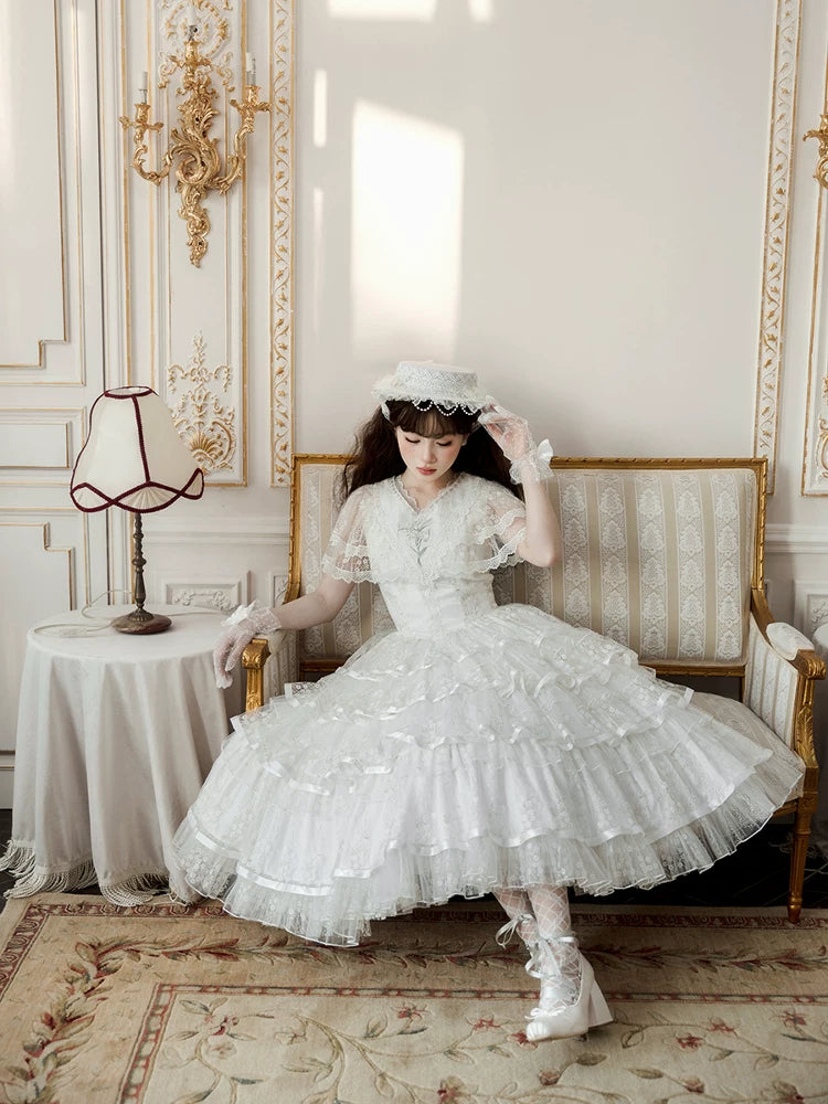Morning Dew Lily - White Classic Lolita OP Dress, Tiered Skirt