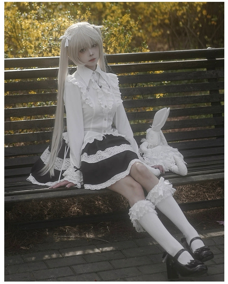 With PUJI~ Gothic Lolita Blouse Black White Waist-Tie Shirt