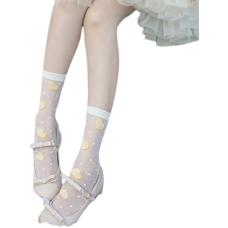 Roji Roji~Heart Beat Lemon~Sweet Lolita Socks Summer Thin Glass Silk Mid-tube Socks Spot goods Short socks 