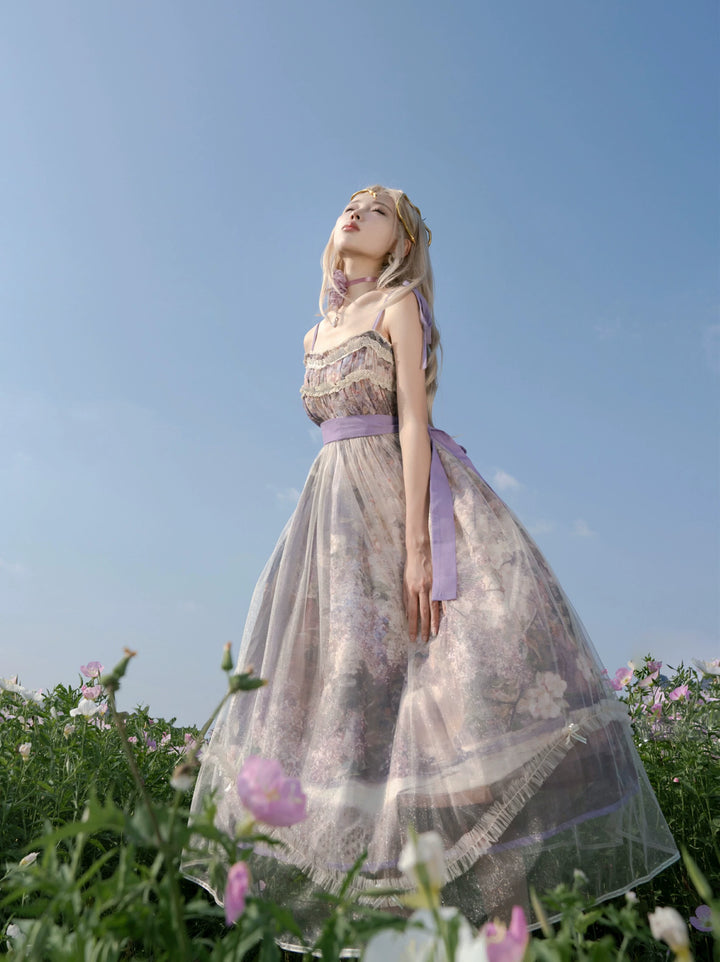 (BFM)Cyan Lolita~Blooming Tree Shade~Sweet Lolita Strap JSK Bow Oil Painting Print Dress   