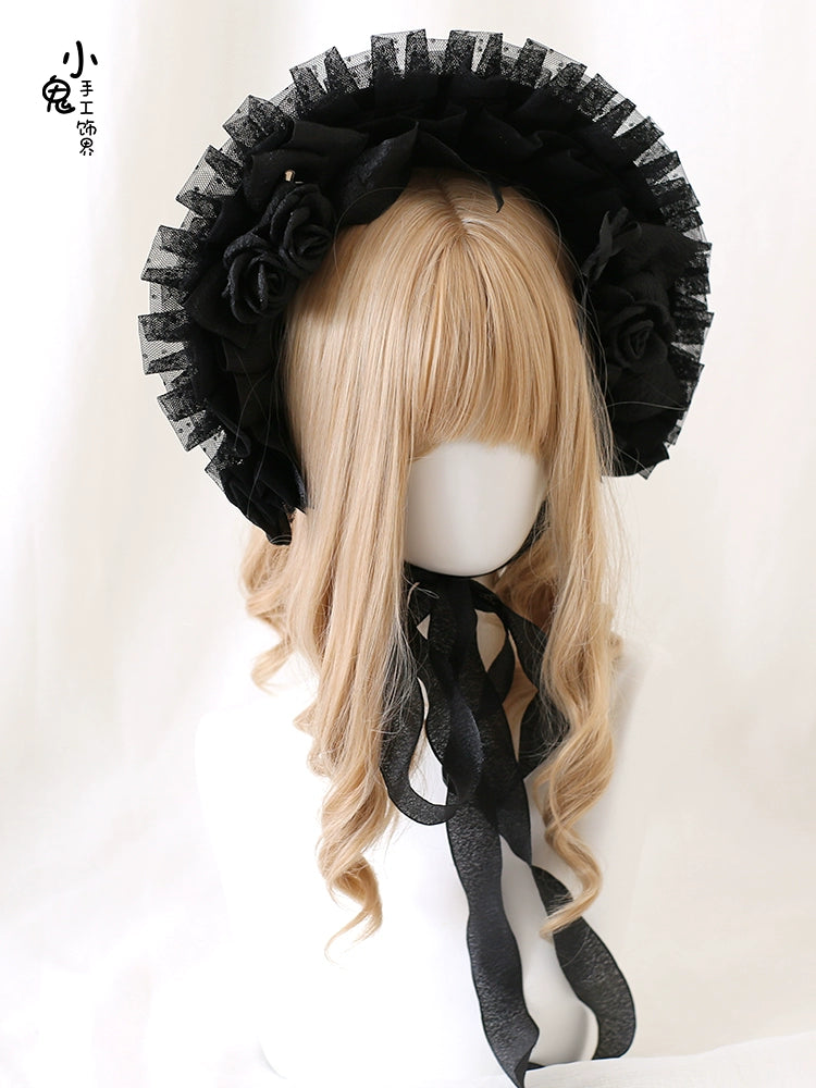 Xiaogui - Gothic Lolita Black Lace Flowers Bonnet