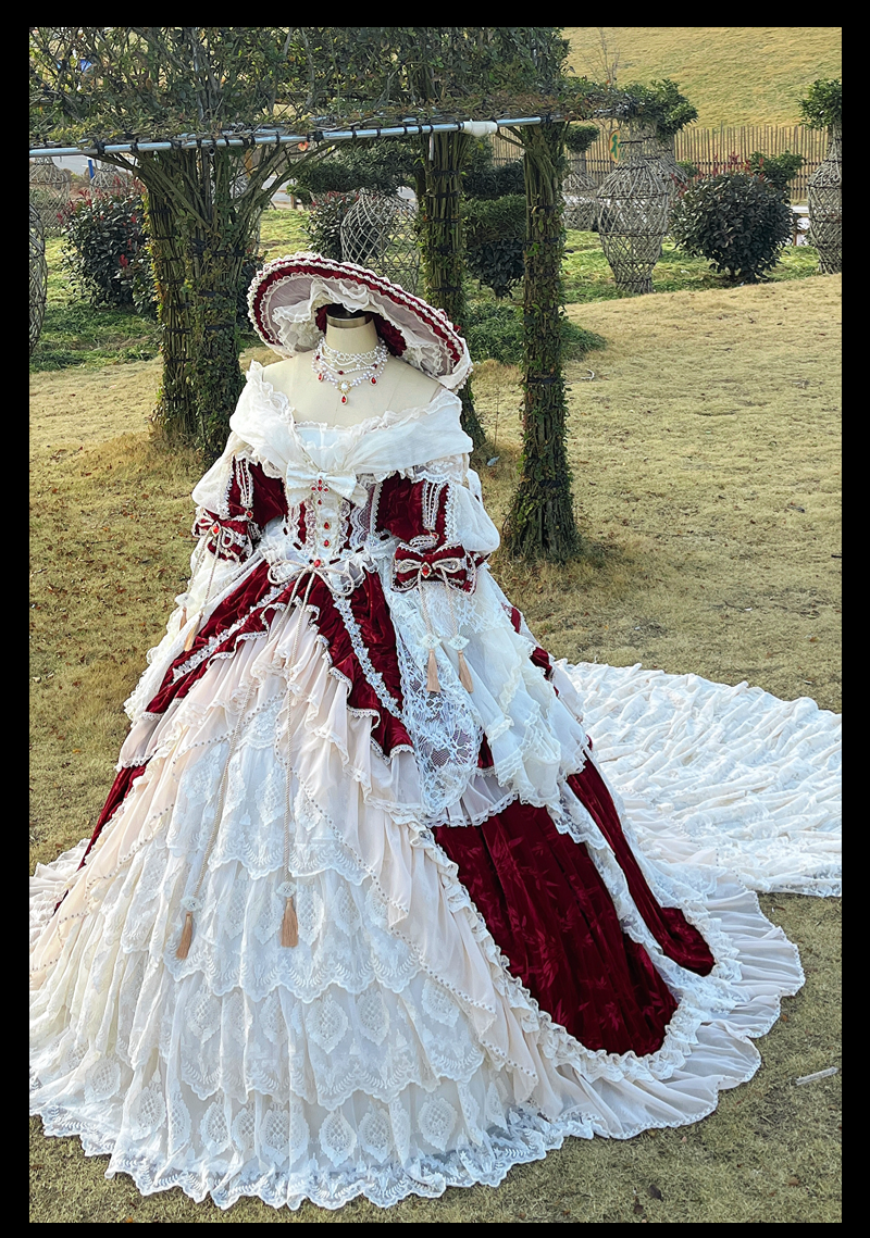 Guaji~Isabella~Wedding Lolita OP Bridal Dress with Tiered Petticoat and Trailing Wine Red - OP + Trailing Petticoat S