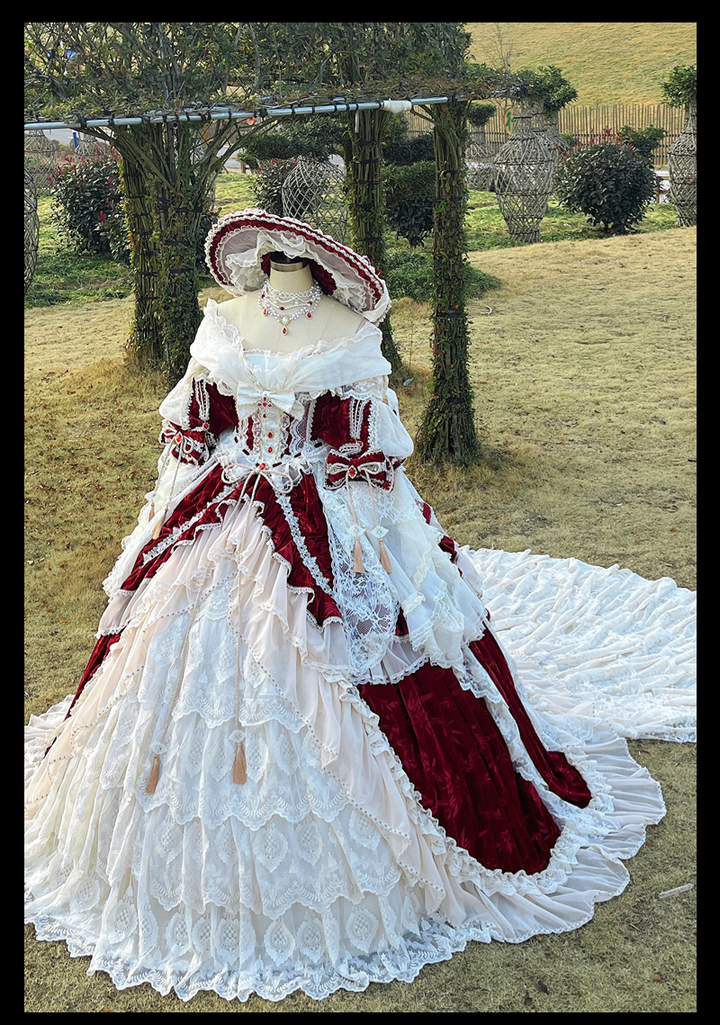 Guaji~Isabella~Wedding Lolita OP Bridal Dress with Tiered Petticoat and Trailing Wine Red - OP + Trailing Petticoat S