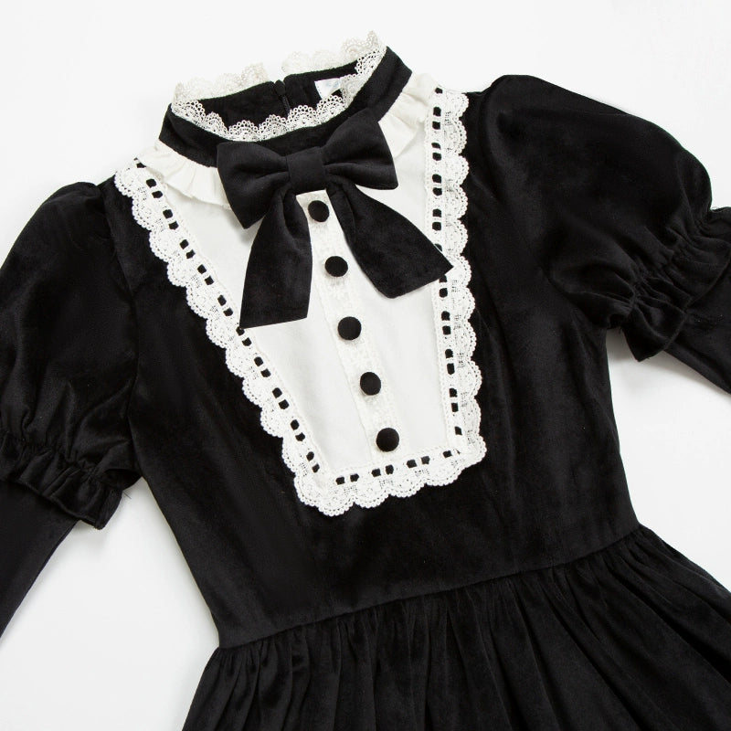 With PUJI~Sleepless Night~Classic Lolita Black OP Dress White Princess Sleeves   