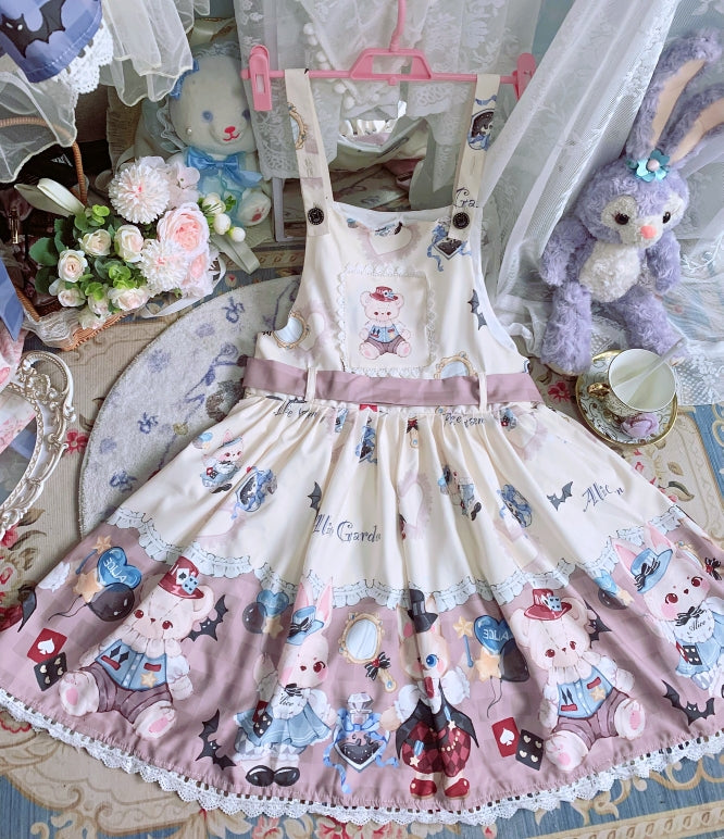 Night Never Sleeps - Bunny Meow Bear - Kawaii Lolita Salopette Bear Print Dress Ivory Salopette Only S