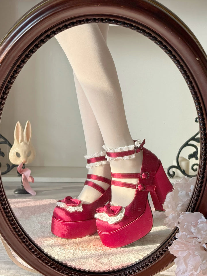 Pure Tea For Dream~Otome Fairy Tale~Sweet Lolita Shoes High Platform Satin Heels Burgundy 35