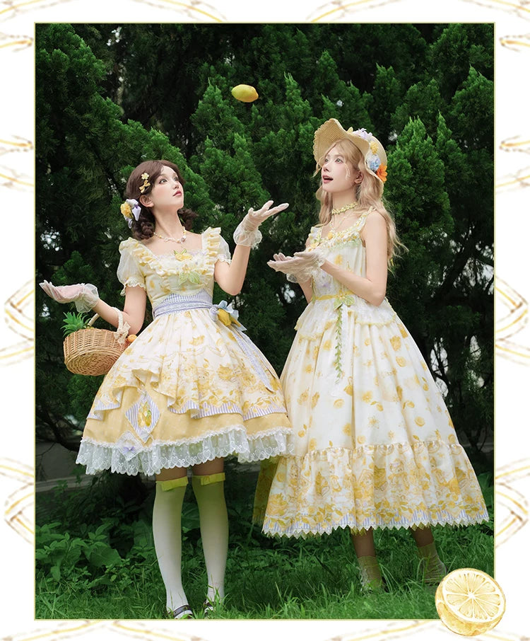 Lemon Drop - Classic Lolita Lemon & Bear Printed OP Dress 45501:851104
