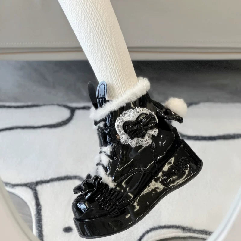 Bunny Tail - Fuzzy Kawaii Lolita Snow Boots, Detachable Plush Bow 44447:808594