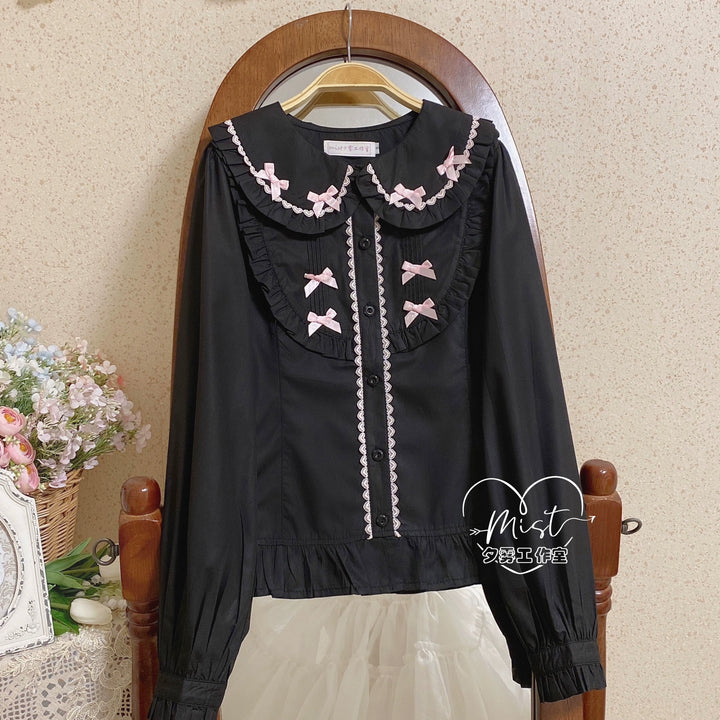 MIST~Sweet Lolita Blouse Doll Collar Lolita Shirt With Bubble Sleeve S Black + Pink 