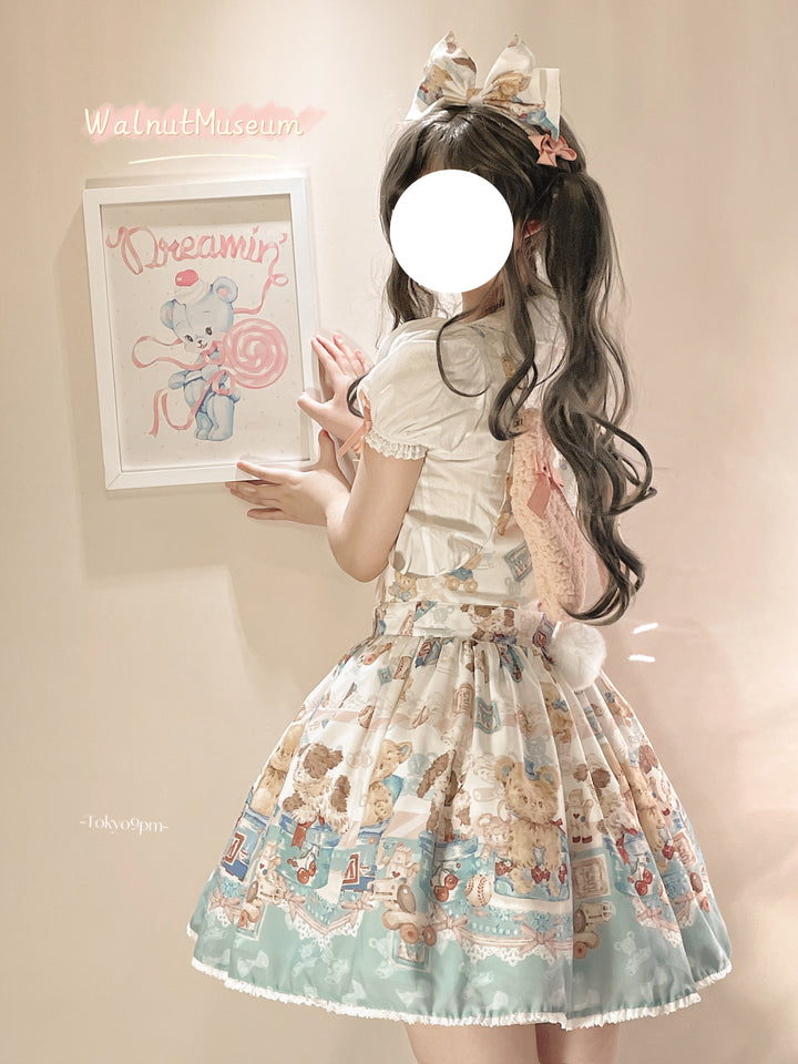 Walnut Museum~Toy Anniversary~Kawaii Lolita Dress Suit Bear Print JSK and Salopette