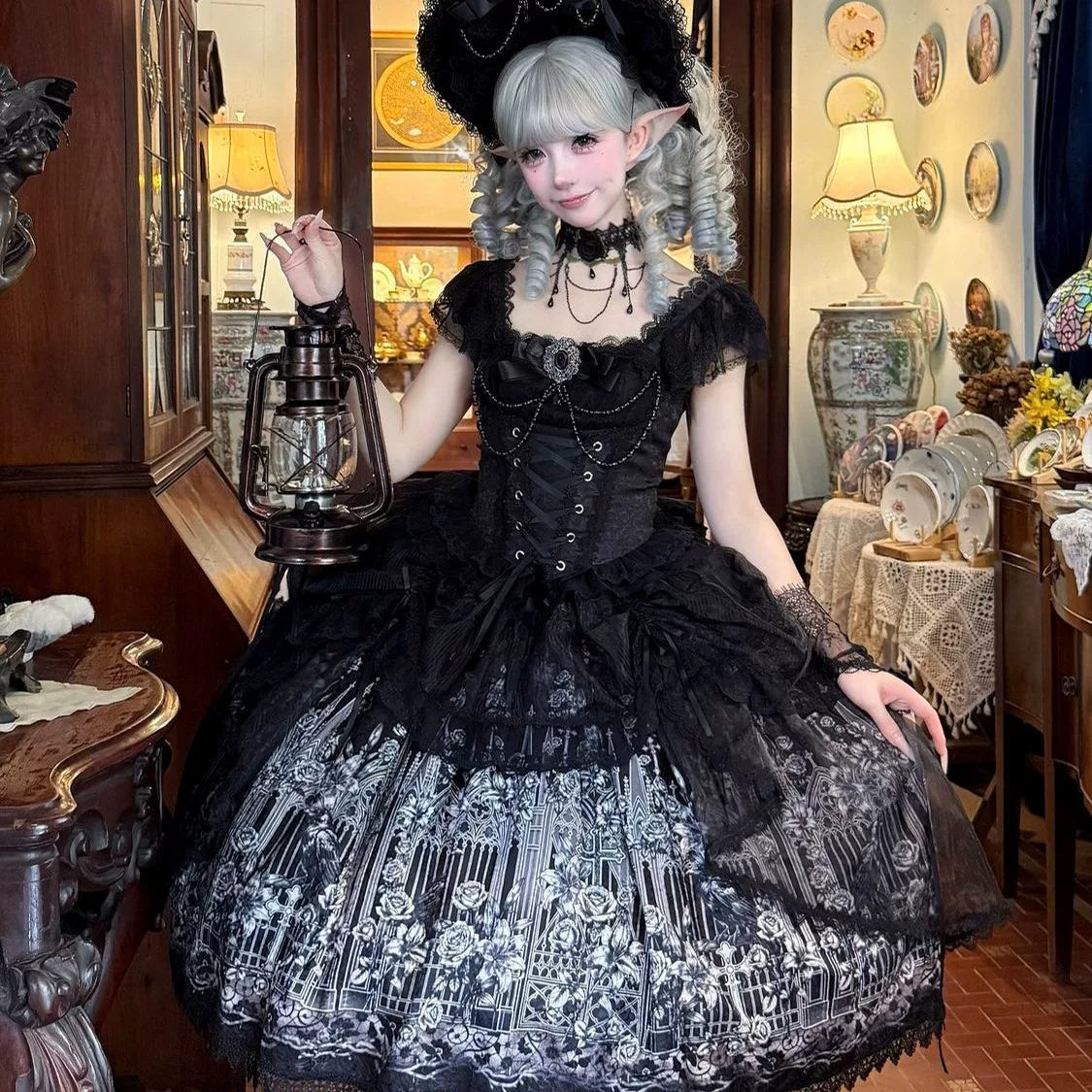 Thorn Feather Relic - Gothic Lolita JSK Dress, Crow and Rose Print 45863:866245
