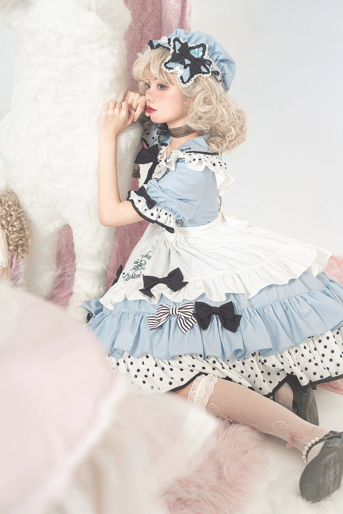 Vcastle~Sweet Lolita OP Dress Splicing Sleeve Apron Dot Print Dress 19776:303772