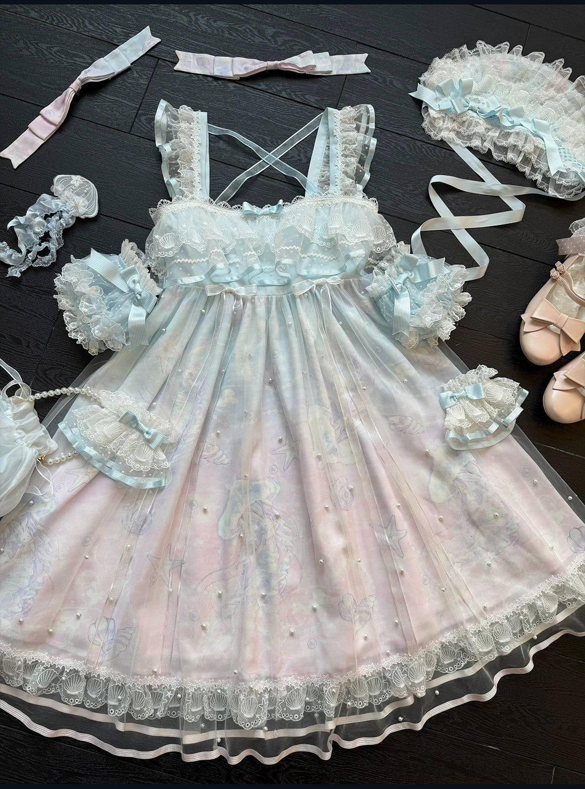 Windchime Jellyfish - Sweet Lolita Halter Neck JSK Dress, Jellyfish Print & Overlay (L M S XL XS) 45756:861271