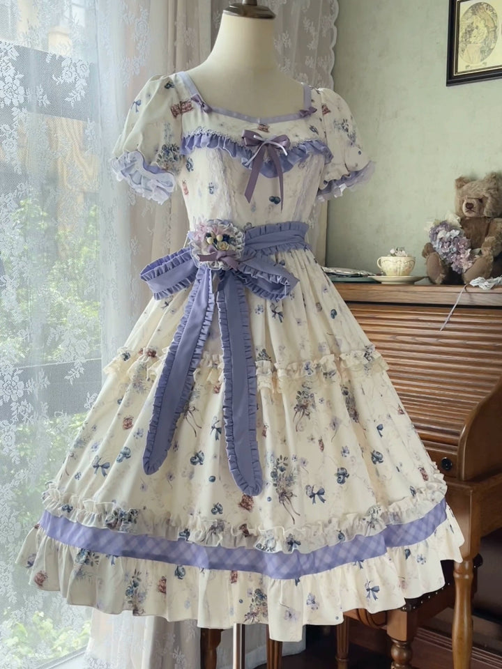 (BFM)Strawberry Fantasia~Blueberry Pie~Country Lolita OP Short Sleeve Floral Printing Dress S short OP 