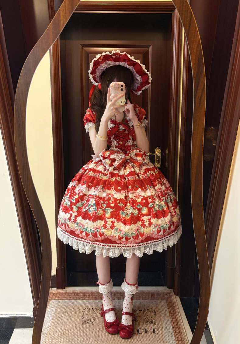 Strawberry Cream Bouquet - Printed Sweet Lolita OP Dress, Halter Neckline