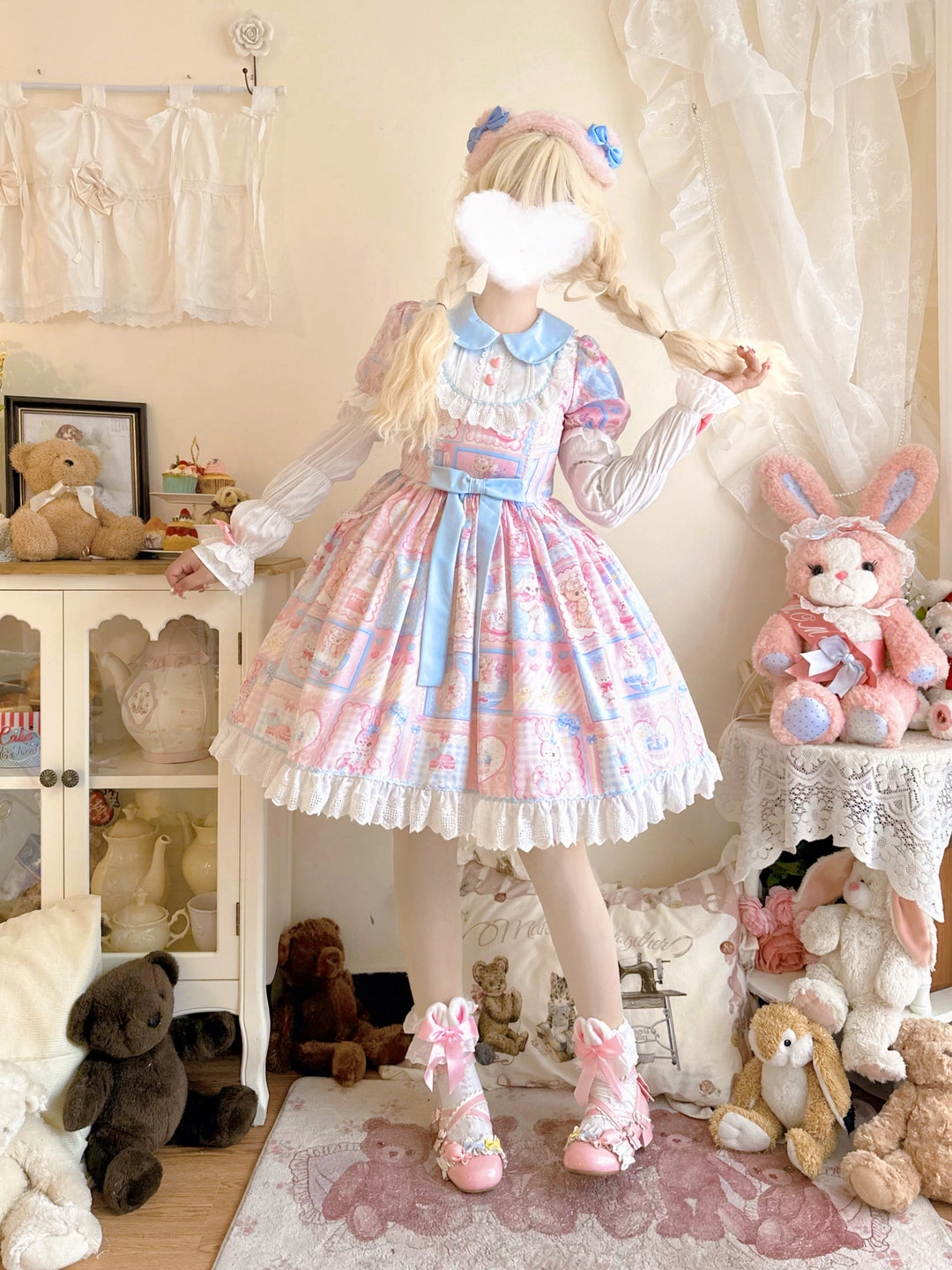 (BFM)Hanguliang~Sweet Bunny Bear~Sweet Lolita Dress Long Sleeve Winter Lolita OP M Pink OP + Folding Box 