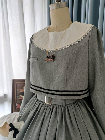 Blessing Cat~Vintage Lolita Dress Set Spring Autumn Elegant Lolita Set XS Gray top 