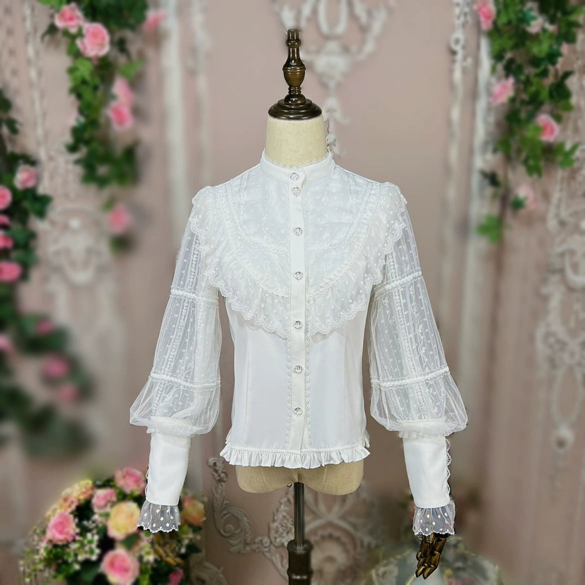 DMFS Lolita - The Heart of the Rose - Elegant Retro Lolita Skirt High Waist SK Blouse S Milk shirt-Stand collar