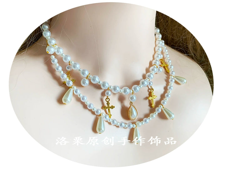 Luo Li~Wedding Lolita Necklace Multi-layer Pearl Pendant N style  