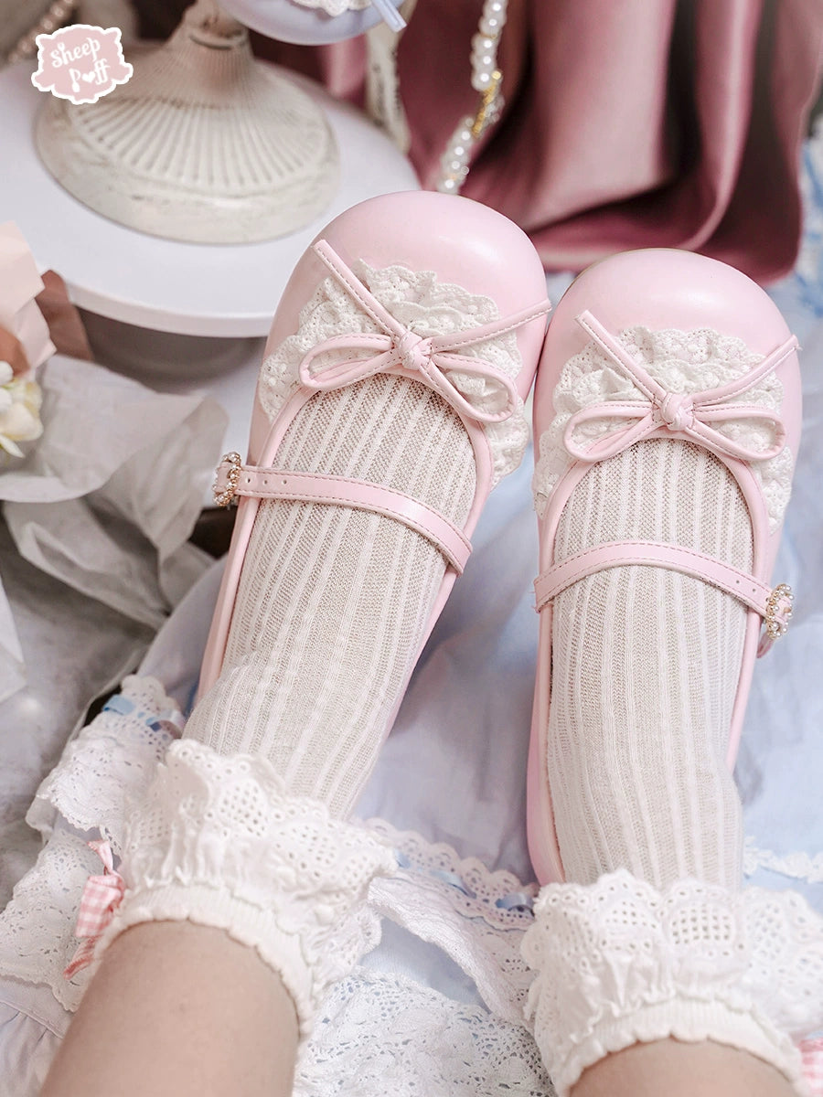 Sheep Puff~Little Leila~Daily Lolita Lace Round Toe Flat Shoes Multicolors 36 pink 