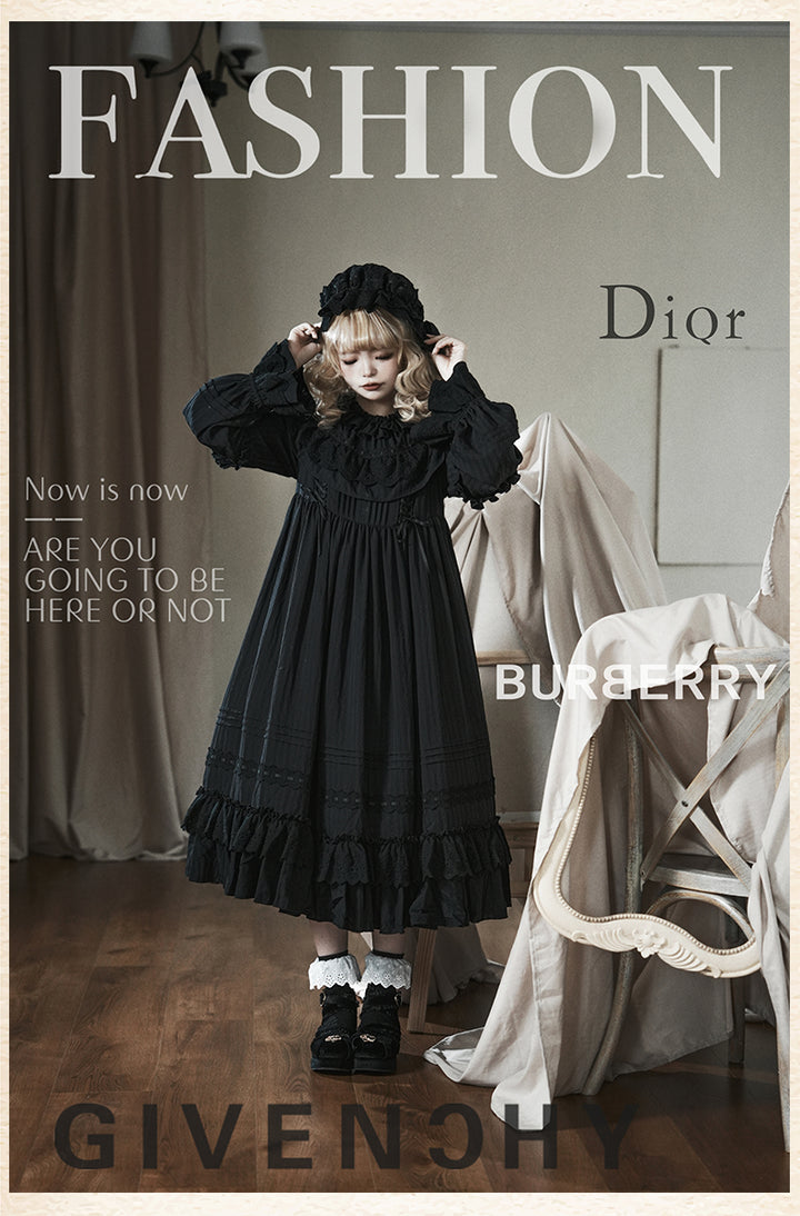 Sanshanjiu~Goodnight Black~Gothic Lolita Black OP with Round Cape Collar