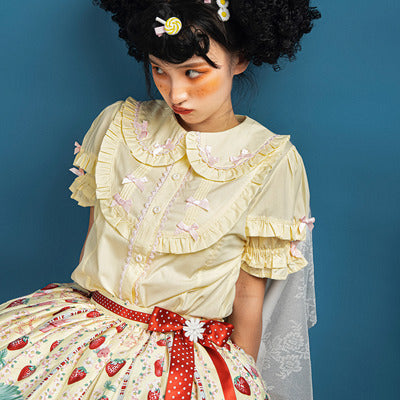 MIST - Creamy Condensed Milk - Kawaii Lolita Shirt Soft Girl Short-sleeved Yellow and pink S
