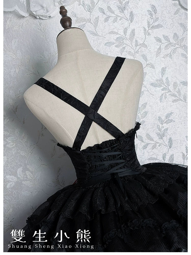 Dark Fog Feast - Gothic Lolita Bust-support Strap Dress, Lace & Cross