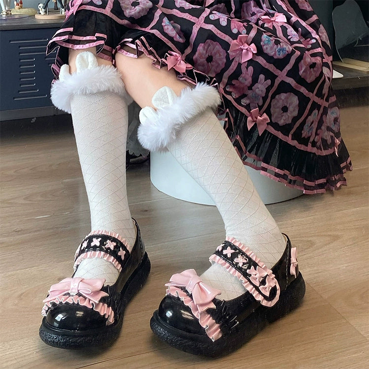 Fairy Godmother - Cute Lolita Shoes Bow Candy-Colored Lolita Flat Shoes 34 Black pink